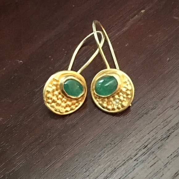 22K Gold Granulated Emerald Cabochon Drop EarrIngs - Picture 4 of 8
